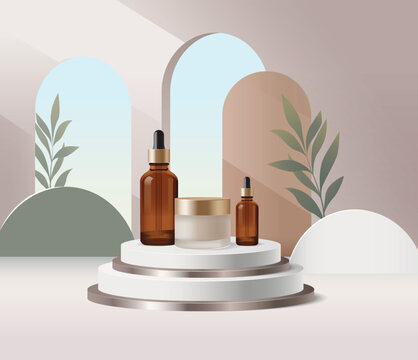 Vector Natural Skincare Serum and Cosmetic Cream Mockup Display with Botanical Background on Modern Podium