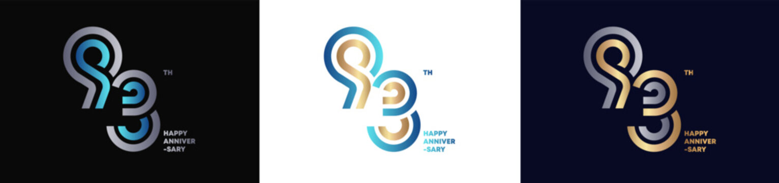 93rd happy anniversary typography logo set with modern gradient design on black, white, and dark backgrounds