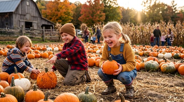 Happy children playing in pumpkin patch farm at sunset with children celebration sunlight