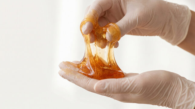 Golden Sugaring Paste Stretched Between Gloved Hands in Close Up