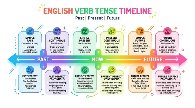 English verb tense timeline chart. Educational grammar diagram for learning language tenses.