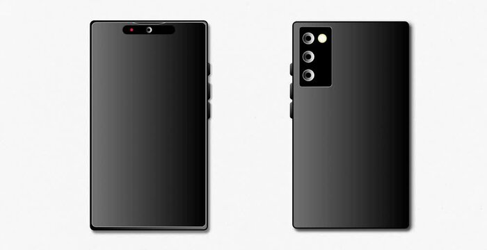 Front and back view black smartphone video mockup showcasing screen and triple camera module on white background.