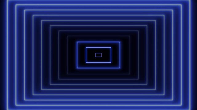 Blue neon rectangular tunnel motion background, with glowing light frames