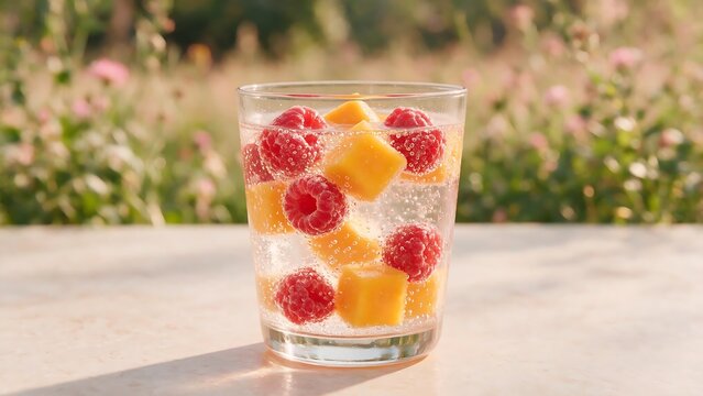 A glass of soda with raspberry and mango.