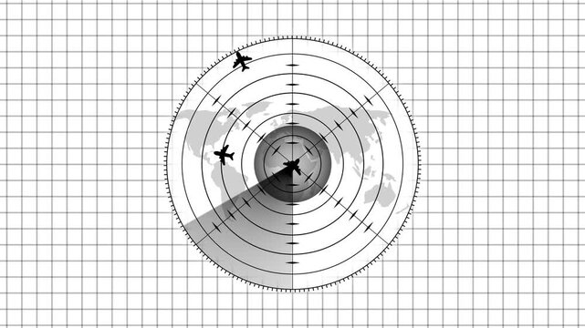 Radar screen with airplane tracking global flight paths