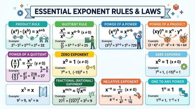 Essential exponent rules infographic. Mathematical laws and algebraic formulas for students.