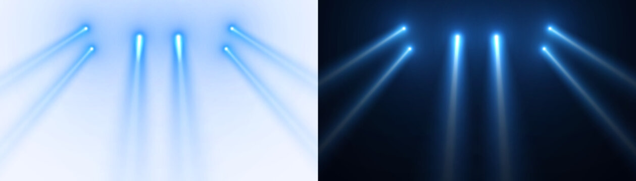 Spotlight beams blue lighting shining on concert stage on transparent background. VFX design, theatre stage poster, party, music event.