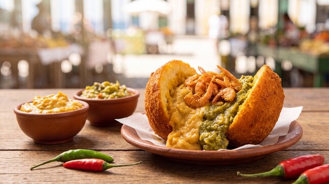 Traditional Brazilian Acaraje filled with creamy vatapa, caruru, and dry shrimp on rustic wooden table