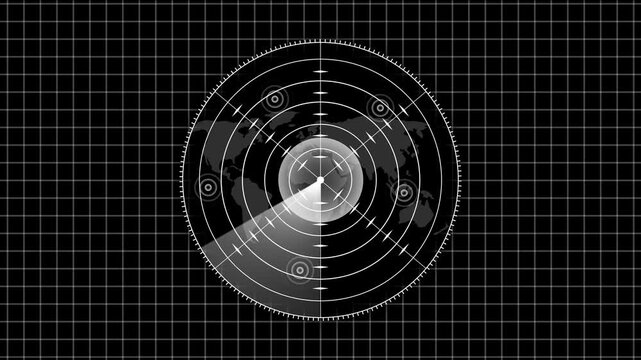 Digital radar screen with rotating scanner and map overlay