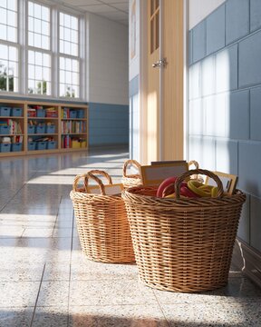 Wicker Baskets with Math Manipulatives in Bright School Hallway