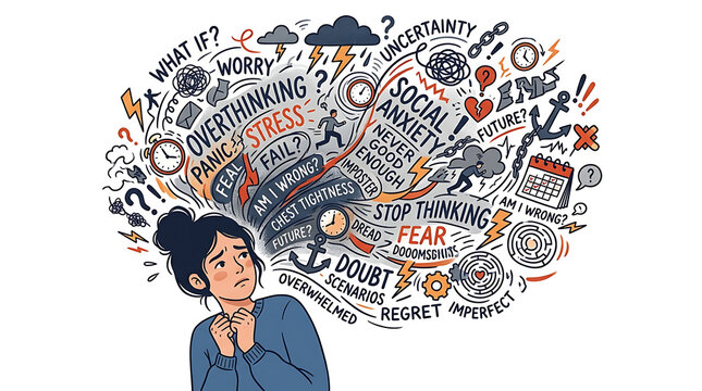 Woman experiencing anxiety and overthinking with a cloud of worries and fears above her head.