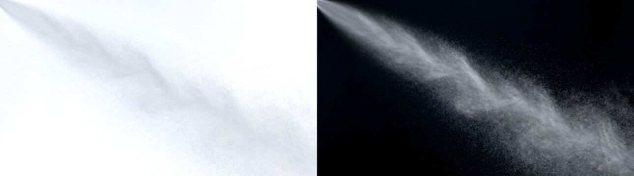Spray realistic diagonal fine mist particle stream with PNG, Transparent and Black Background Versions for visual effects