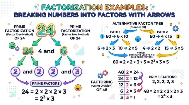 Math factorization examples with arrows. Educational diagram showing prime factorization.