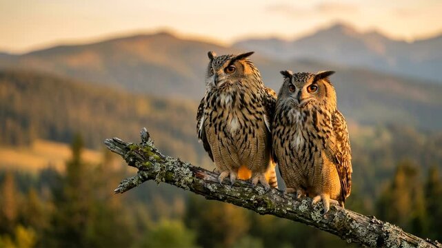 two eurasian eagle owl close up in european forest morning light video