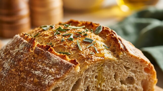 A loaf of artisan sourdough bread topped with fresh herbs and olive oil. This image is ideal for food blogging and.