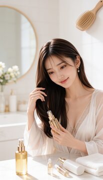 明るい室内でロングヘアをブラッシングする若いアジア人女性のヘアケアイメージ