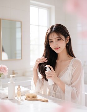 明るい室内でロングヘアをブラッシングする若いアジア人女性のヘアケアイメージ