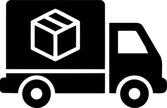 Black delivery truck icon with a shipping box symbol isolated on transparent background