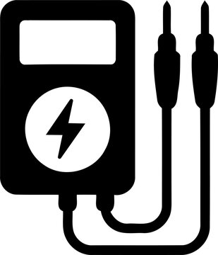 Black digital multimeter icon with electrical voltage symbol isolated on transparent background