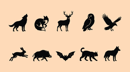 A diverse collection of ten striking black silhouette illustrations depicting various wild forest and woodland animals and birds rendered in a clean modern graphic style isolated on a light background © Be Creative