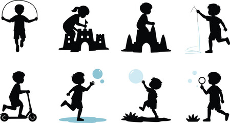 Obraz premium Black Children Playing Outdoors Silhouette Set with Jump Rope, Sandcastles, Scooter and Bubbles