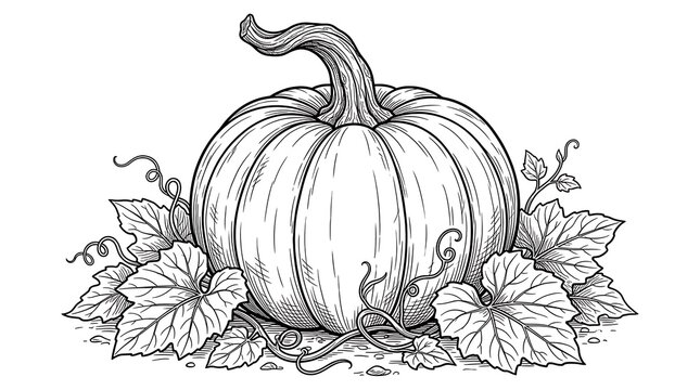 Detailed hand drawn sketch of a pumpkin with leaves and vines