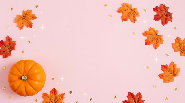 Autumn composition with orange pumpkin and fall leaves on pink background