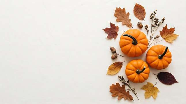 Autumn composition with pumpkins and colorful leaves isolated on white background
