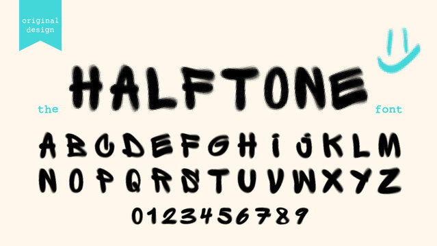 Halftone grunge brush font vector. Retro dot pattern alphabet and numbers for urban street style, comic book, poster and streetwear design