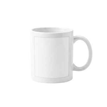 Blank white ceramic mug with blank square label mockup