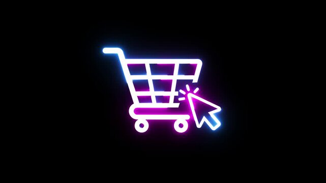 Neon shopping cart icon with mouse pointer glowing in purple and blue against black screen.