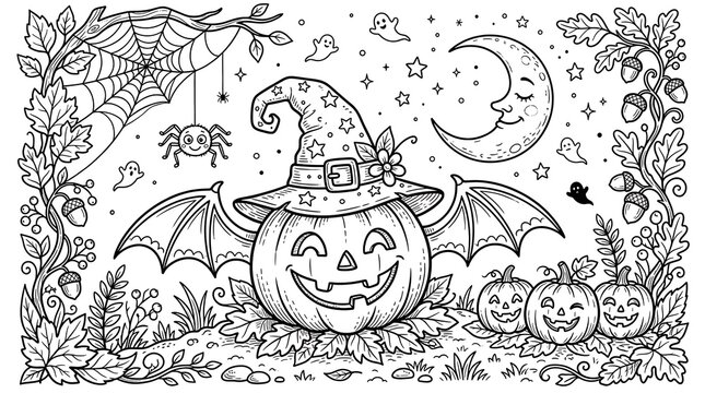 Whimsical halloween scene with batwinged pumpkin and moon