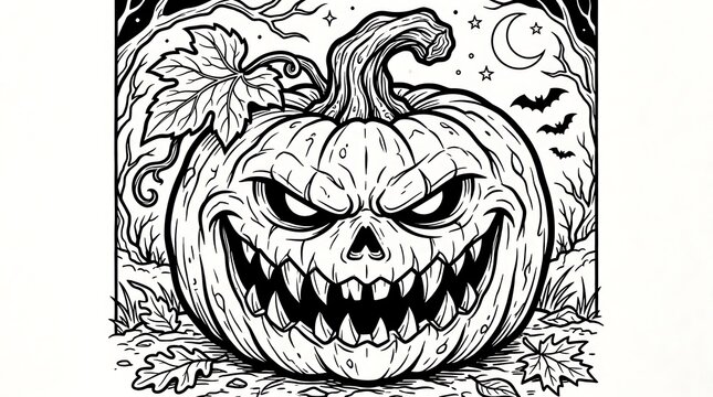 Spooky halloween pumpkin with a scary face, black and white line art