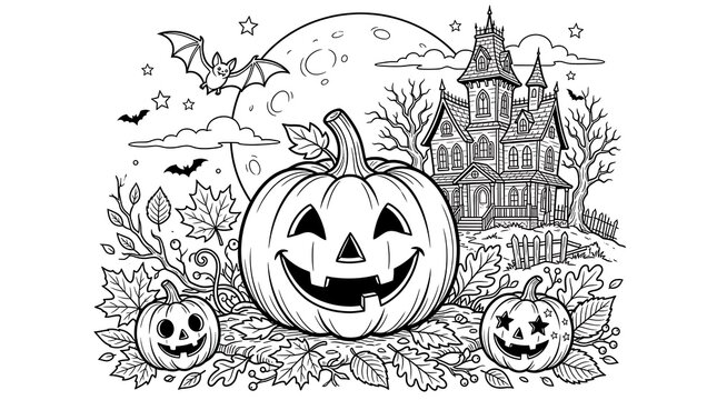 Halloween scene with a haunted house, bats, and carved pumpkins