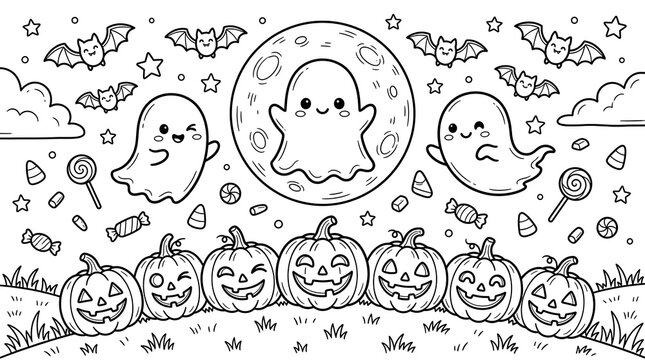 Cute halloween coloring page with ghosts, bats, pumpkins, and candy