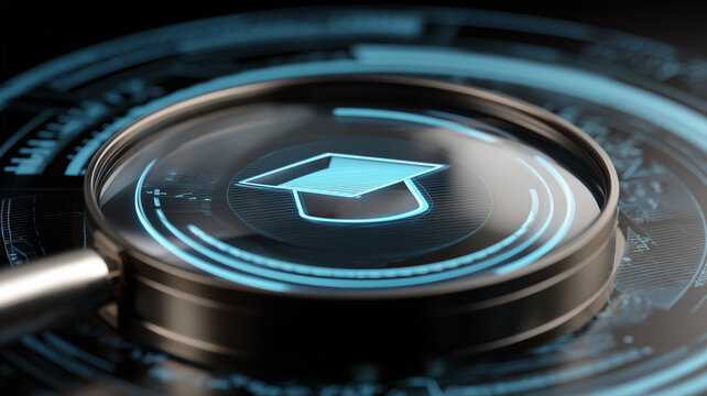 A magnifying glass focused on a graduation cap within a digital interface represents education search, academic research