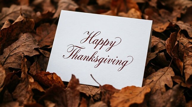 Happy thanksgiving card on a bed of dry autumn leaves