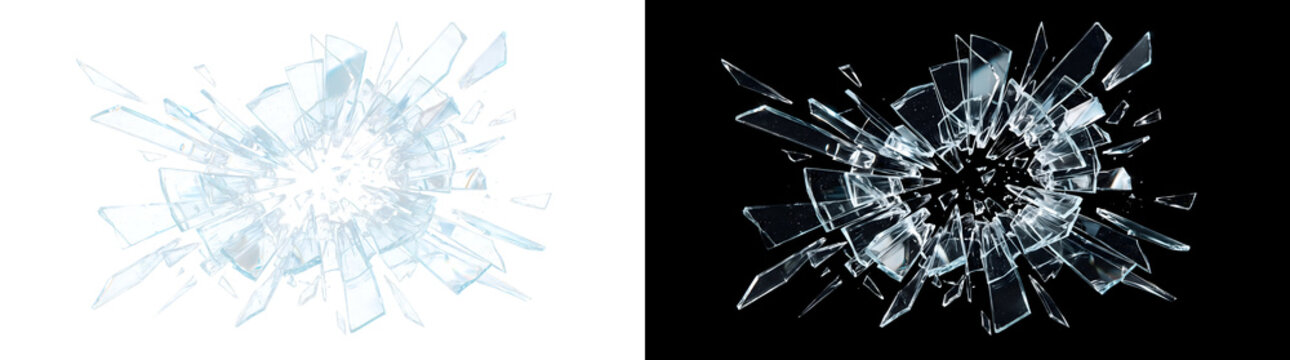 Shattered glass fragments bursting outward with sharp transparent shards flying in every direction with PNG, Transparent and Black Background Versions for impact and action designs