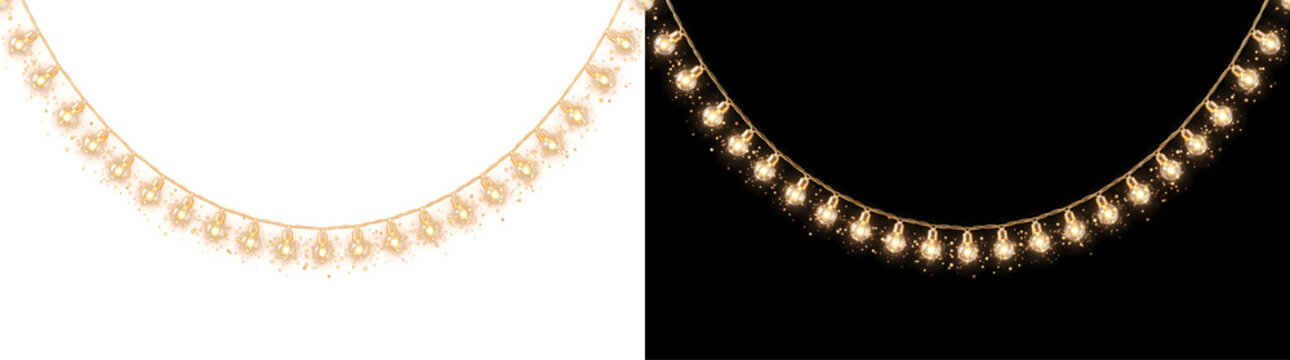 Sparkling bulb string lights swag draped in scalloped curves with warm glowing bulbs and golden dust PNG, Transparent and Black Background Versions for holiday party decoration designs