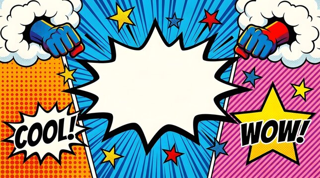 Dynamic comic book style explosion background with punching hands and stars
