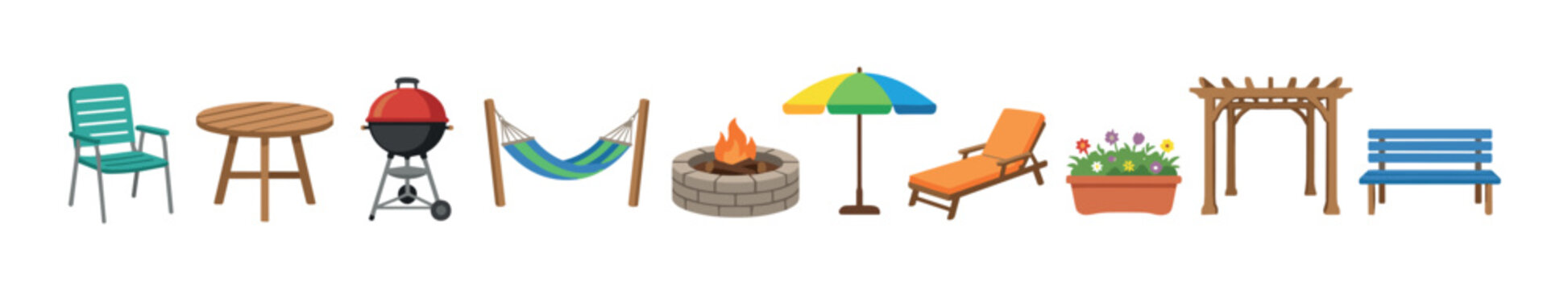 Outdoor furniture and garden accessories collection featuring a chair, table, grill, hammock, fire pit, umbrella, lounge, flowers, pergola, and bench.