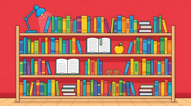 Bookshelf with colorful books and reading accessories illustration