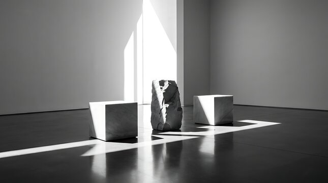 Minimalist marble blocks and natural stone centerpiece in a white art gallery. Sophisticated interior design.