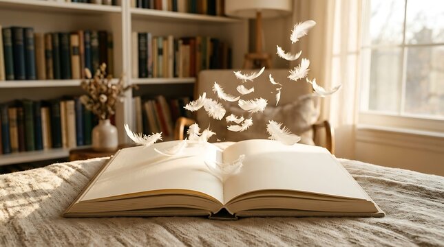 Open book with floating feathers in a cozy library setting