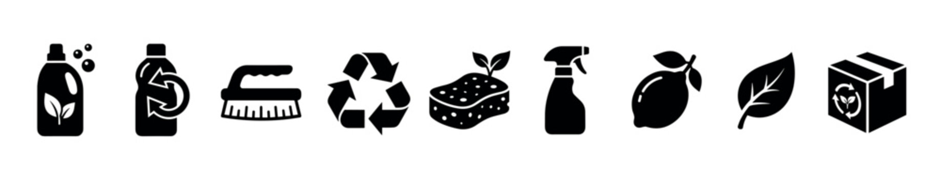 Eco-friendly cleaning product and sustainability icons collection showcasing natural ingredients, recyclable packaging, and environmentally conscious household items for a greener lifestyle.
