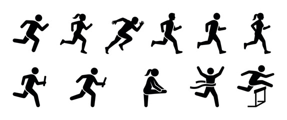Fototapeta premium Running people icons depicting various athletic activities and sports competitions, including sprinting, relay race, stretching, hurdling, and crossing the finish line.