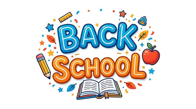 Back to school colorful cartoon lettering with school supplies