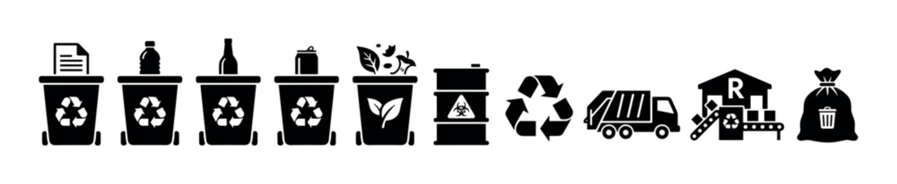 Recycling and waste management icons representing different types of refuse, collection, and processing for environmental sustainability.