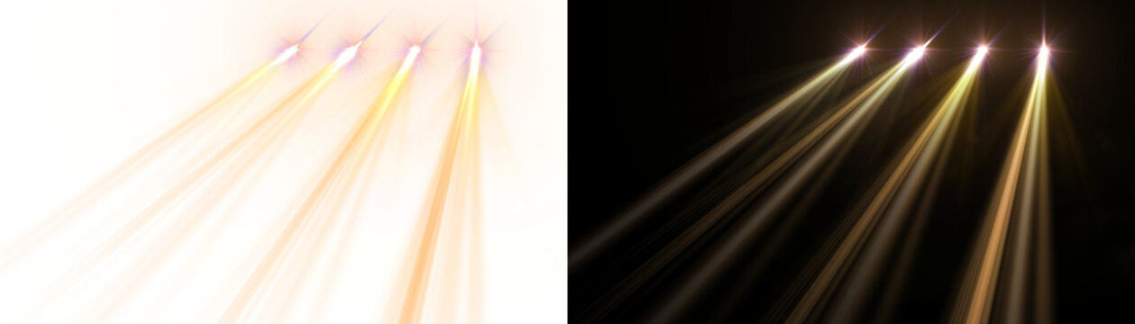 Spotlight beams gold yellow lighting shining on concert stage on transparent background. VFX design, theatre stage poster, party, music event.