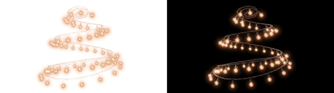 Spiral string lights forming a tree shaped cone with warm glowing bulbs coiled elegantly with PNG, Transparent and Black Background Versions for Christmas holiday decoration designs